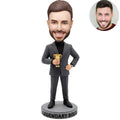 Custom Legendary Boss Bobblehead for Men in Dark Gray Suit Holding Trophy – Personalized Boss Day Gift