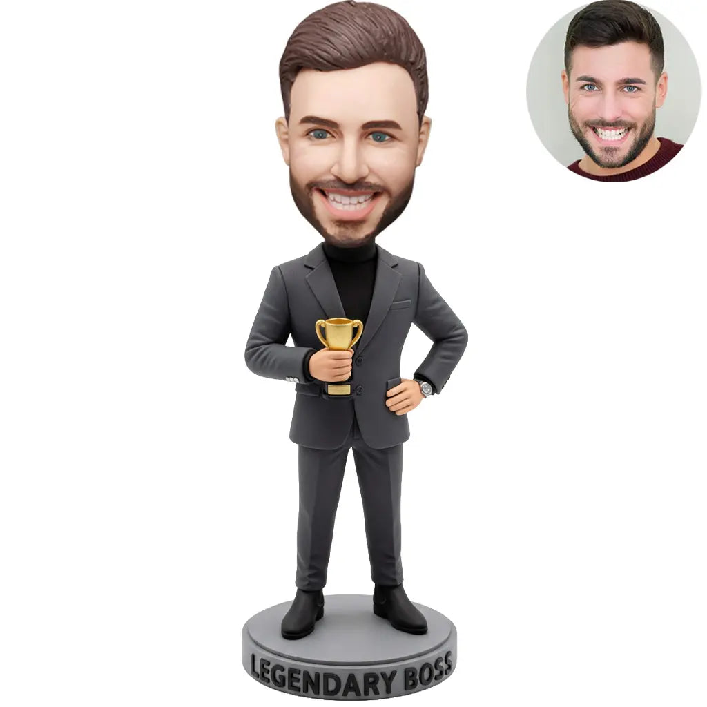 Custom Legendary Boss Bobblehead for Men in Dark Gray Suit Holding Trophy – Personalized Boss Day Gift