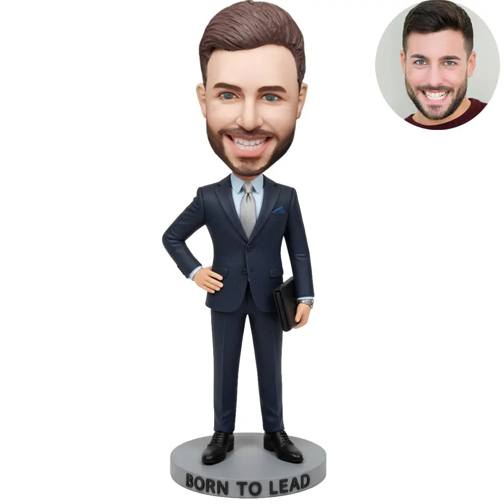 Custom Born to Lead Bobblehead for Men in Navy Suit with Briefcase – Personalized Boss Day Gift