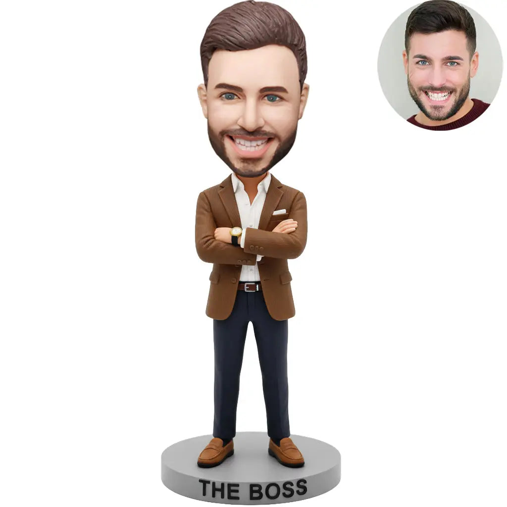 Custom The Boss Bobblehead for Men in Brown Blazer Arms Crossed – Personalized Boss Day Gift