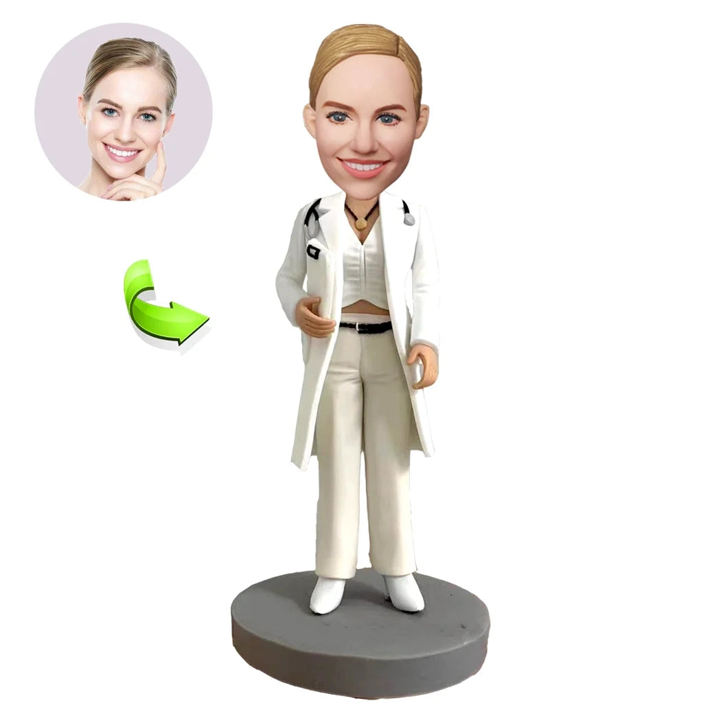 Personalized custom bobblehead of doctor 10 in doctor’s outfit, perfect for medical professionals and unique gifts