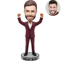 Custom Great Boss Bobblehead for Men in Burgundy Suit Both Fists Raised – Personalized Boss Day Gift