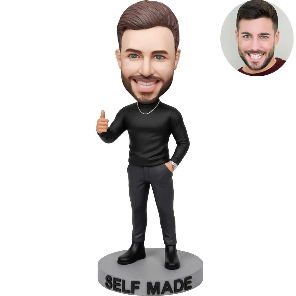 Custom Self Made Bobblehead for Men in All Black Turtleneck Thumbs Up – Personalized Entrepreneur Gift