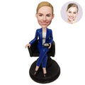 Custom Female Boss Bobblehead for Women in Blue Suit Sitting in Chair – Personalized Boss Day Gift for Her