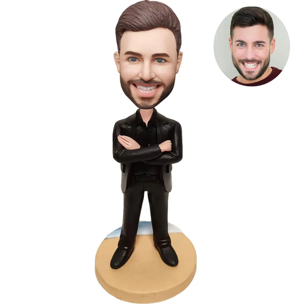 Custom Bobblehead for Men in Black Suit – Personalized Boss Gift with Arms Crossed