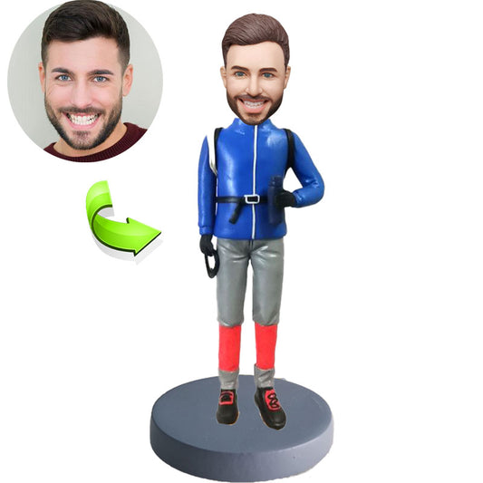 Custom bobblehead  with a happy man in a hiking suit