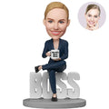 Custom Female Boss Bobblehead for Women in Navy Suit Sitting on BOSS Letters – Personalized Boss Day Gift for Her