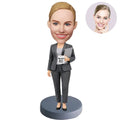 Custom Female Boss Bobblehead for Women in Gray Suit Holding World's Best Boss Mug – Personalized Boss Day Gift for Her