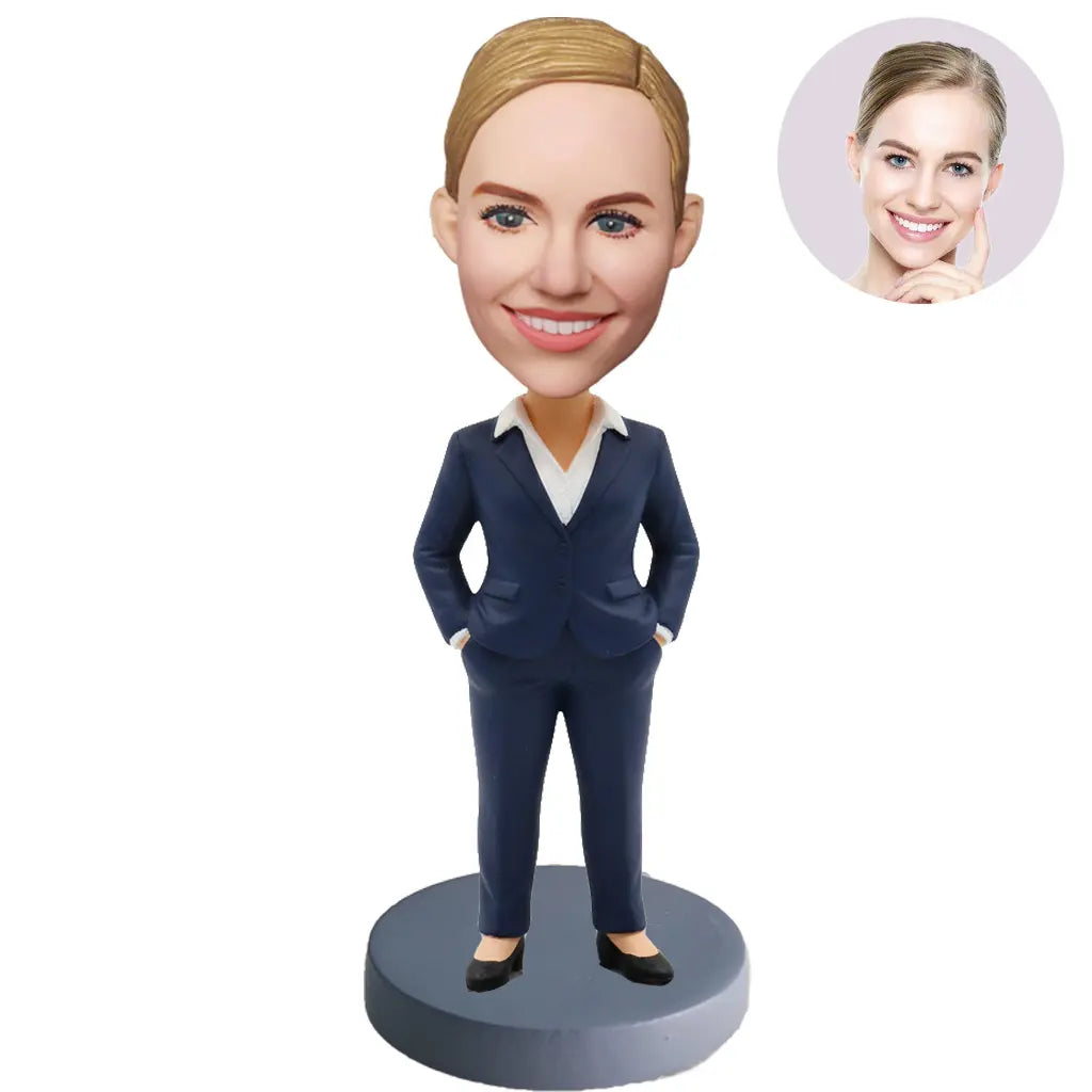 Custom Female Executive Bobblehead for Women in Navy Suit Hands in Pockets – Personalized Boss Day Gift for Her