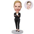 Custom Female Boss Bobblehead for Women in All Black Suit Arms Crossed – Personalized Boss Day Gift for Her