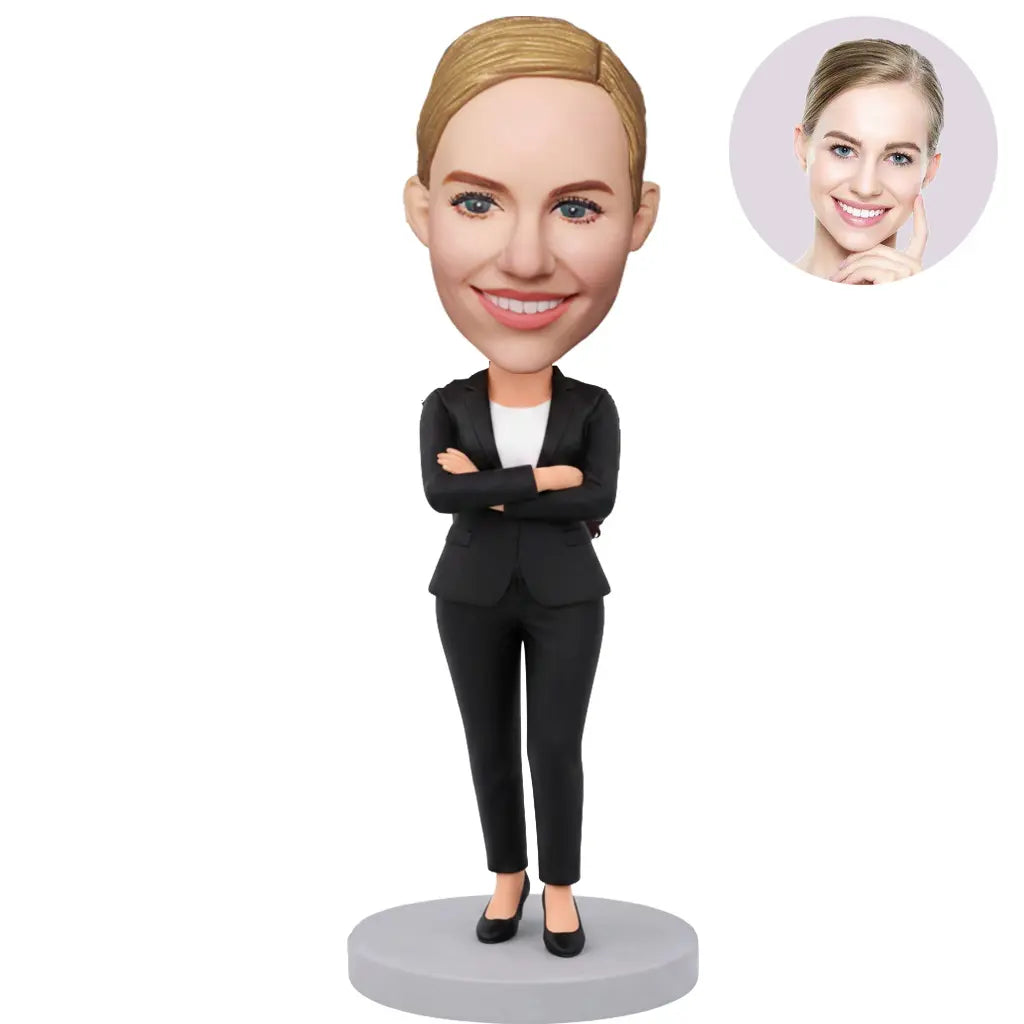 Custom Female Boss Bobblehead for Women in All Black Suit Arms Crossed – Personalized Boss Day Gift for Her