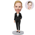 Custom Female Boss Bobblehead for Women in Black Blazer One Hand in Pocket – Personalized Boss Day Gift for Her