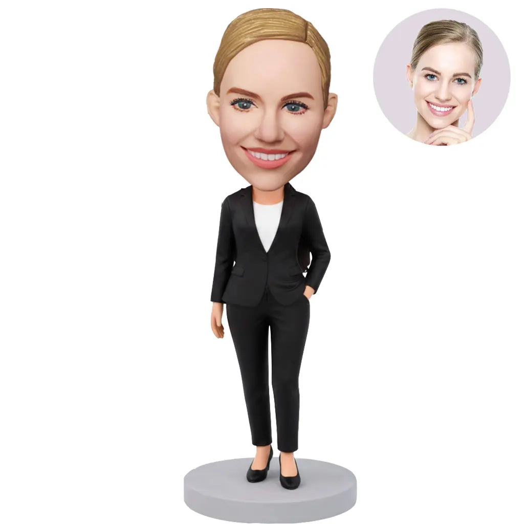 Custom Female Boss Bobblehead for Women in Black Blazer One Hand in Pocket – Personalized Boss Day Gift for Her