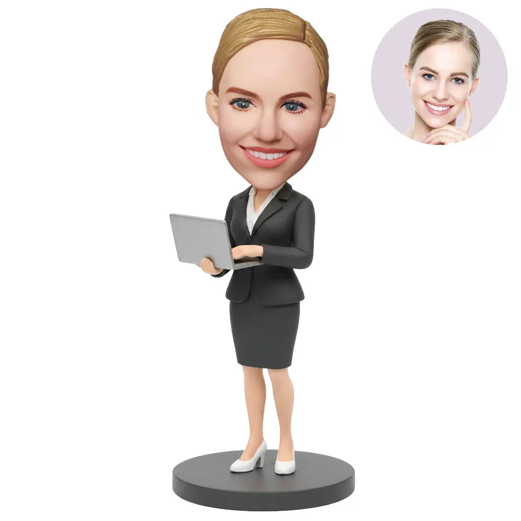 Custom Female Boss Bobblehead for Women in Dark Gray Skirt Suit Holding Laptop – Personalized Boss Day Gift for Her