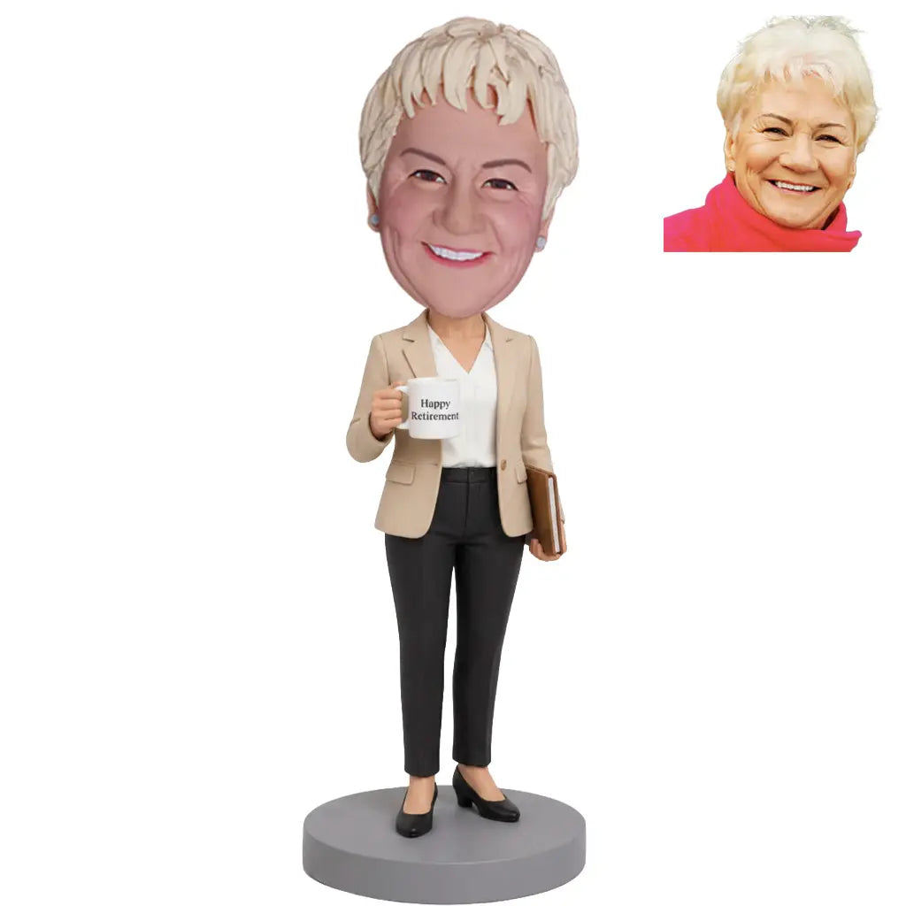 Custom Retirement Bobblehead for Women in Beige Blazer Holding Happy Retirement Mug – Personalized Retirement Gift for Her