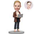 Custom Female Boss Bobblehead for Women in Brown Blazer Holding Laptop – Personalized Boss Day Gift for Her