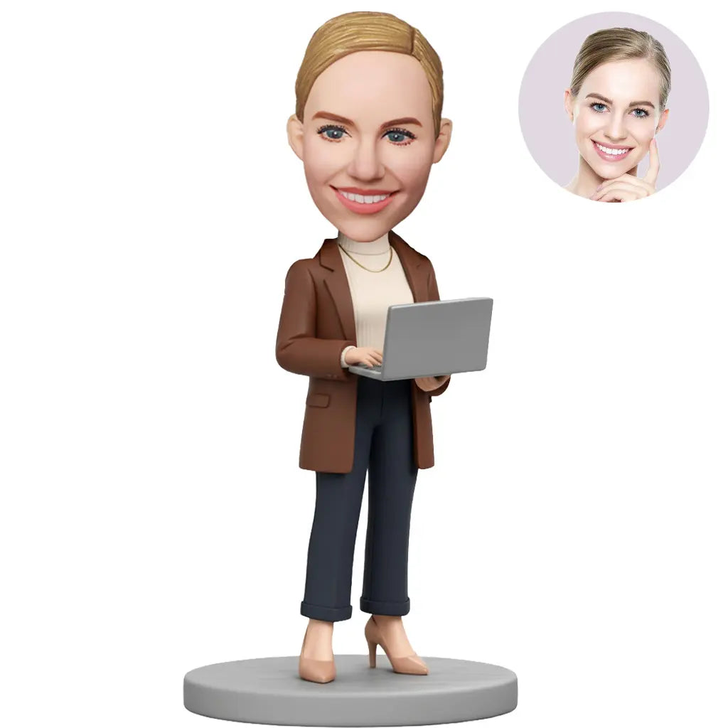 Custom Female Boss Bobblehead for Women in Brown Blazer Holding Laptop – Personalized Boss Day Gift for Her