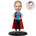 Custom Super Mom Bobblehead for Women in Blue Super Mom Tee with Red Cape – Personalized Mother's Day Gift