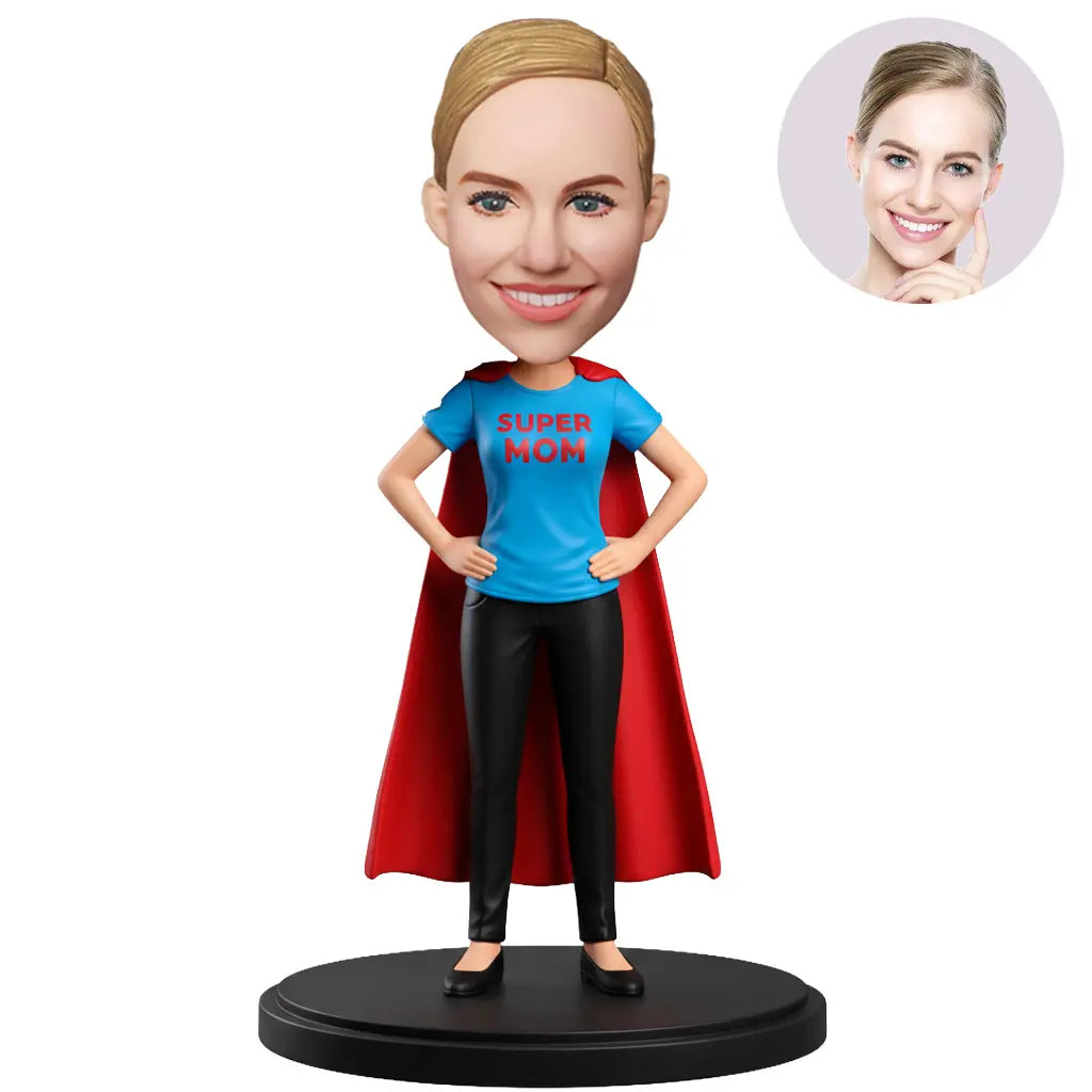 Custom Super Mom Bobblehead for Women in Blue Super Mom Tee with Red Cape – Personalized Mother's Day Gift