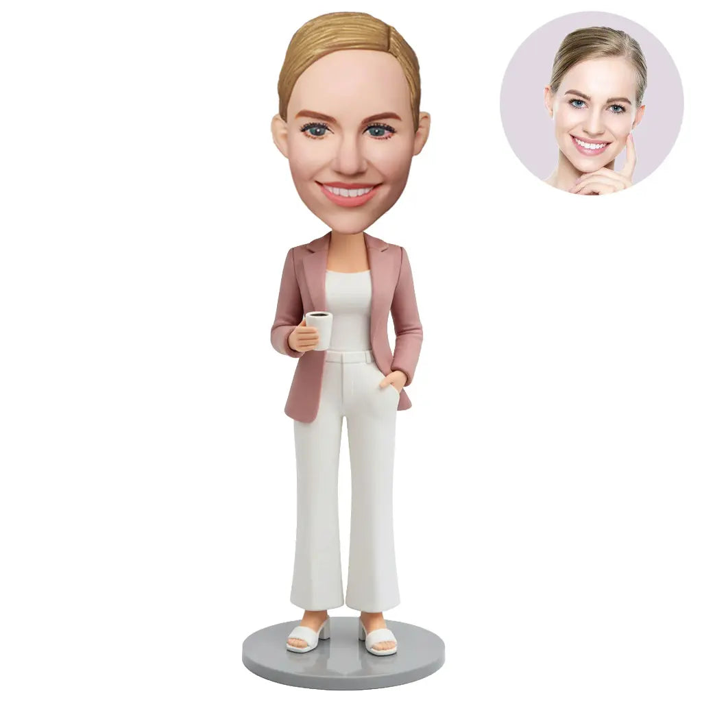 Custom Female Boss Bobblehead for Women in Pink Blazer Holding Coffee – Personalized Boss Day Gift for Her