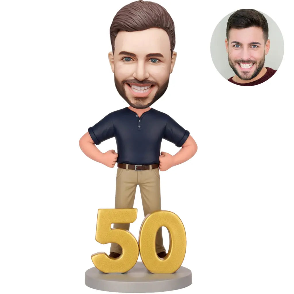 50th Birthday Man Custom Bobblehead - Navy Henley Confident Pose Personalized Figurine