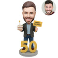 Custom 50th birthday bobblehead for men holding birthday cake and happy birthday sign with number 50 base - personalized gift