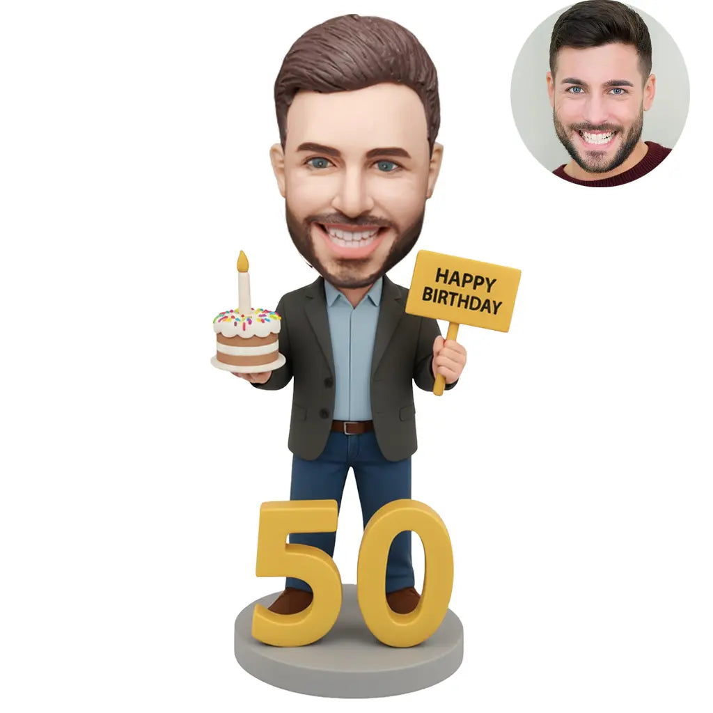 Custom 50th birthday bobblehead for men holding birthday cake and happy birthday sign with number 50 base - personalized gift