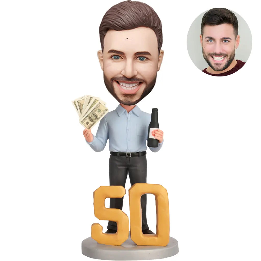 50th Birthday Man Custom Bobblehead - Holding Money and Beer Personalized Figurine