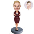 Custom Female Boss Bobblehead for Women in Burgundy Skirt Suit Arms Crossed – Personalized Boss Day Gift for Her
