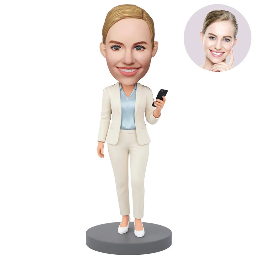 Custom Female Boss Bobblehead for Women in Cream Suit Holding Phone – Personalized Boss Day Gift for Her
