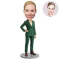 Custom Female Boss Bobblehead for Women in Forest Green Double-Breasted Suit – Personalized Boss Day Gift for Her