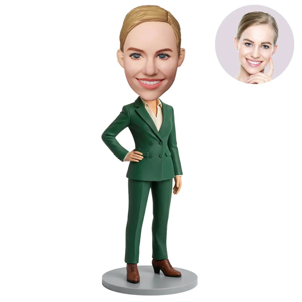 Custom Female Boss Bobblehead for Women in Forest Green Double-Breasted Suit – Personalized Boss Day Gift for Her