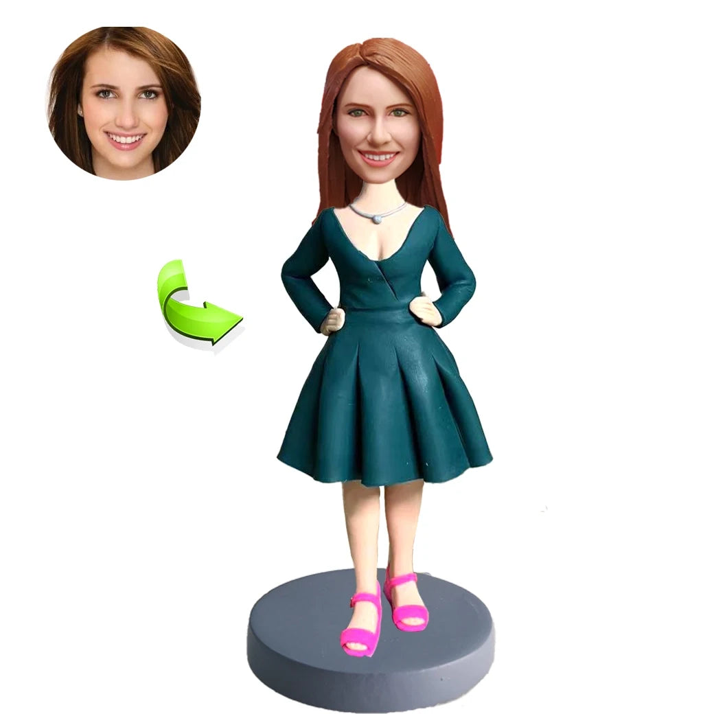 Customizable Female Bobblehead in a Green Dress