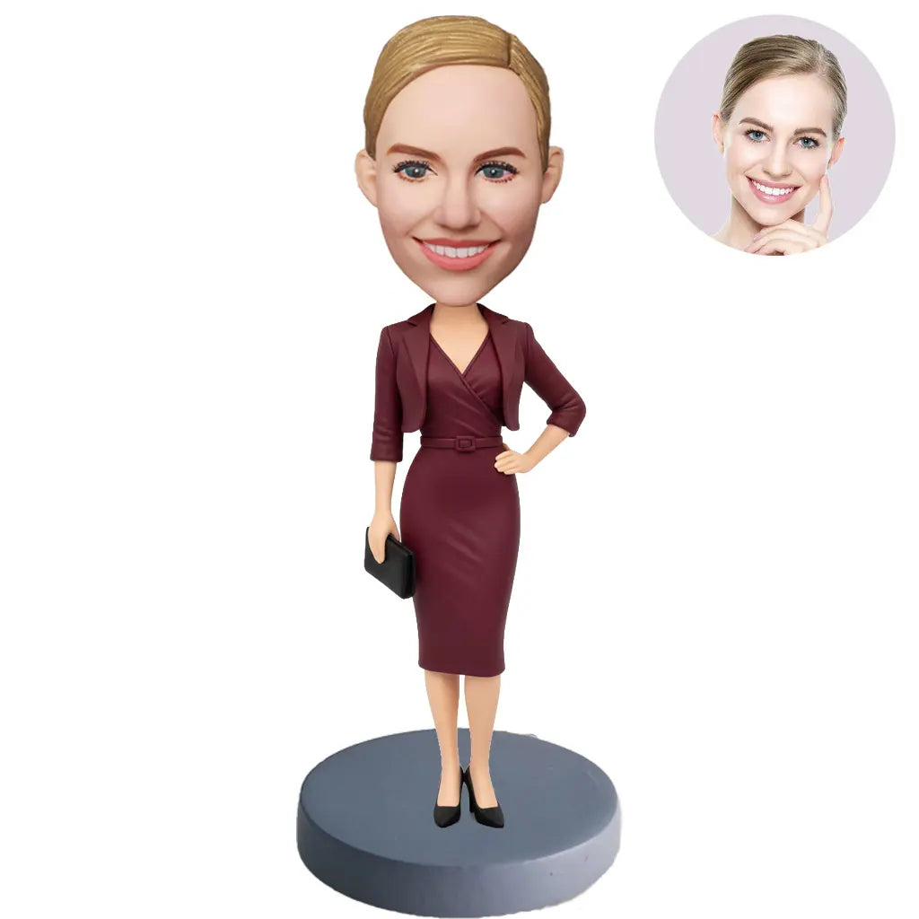 Custom Female Boss Bobblehead for Women in Burgundy Wrap Dress with Blazer Holding Clutch – Personalized Boss Day Gift for Her