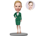 Custom Female Boss Bobblehead for Women in Emerald Green Skirt Suit – Personalized Boss Day Gift for Her
