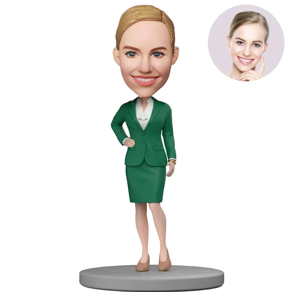 Custom Female Boss Bobblehead for Women in Emerald Green Skirt Suit – Personalized Boss Day Gift for Her