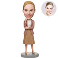 Custom Female Boss Bobblehead for Women in Dusty Pink Blazer and Khaki Skirt – Personalized Boss Day Gift for Her