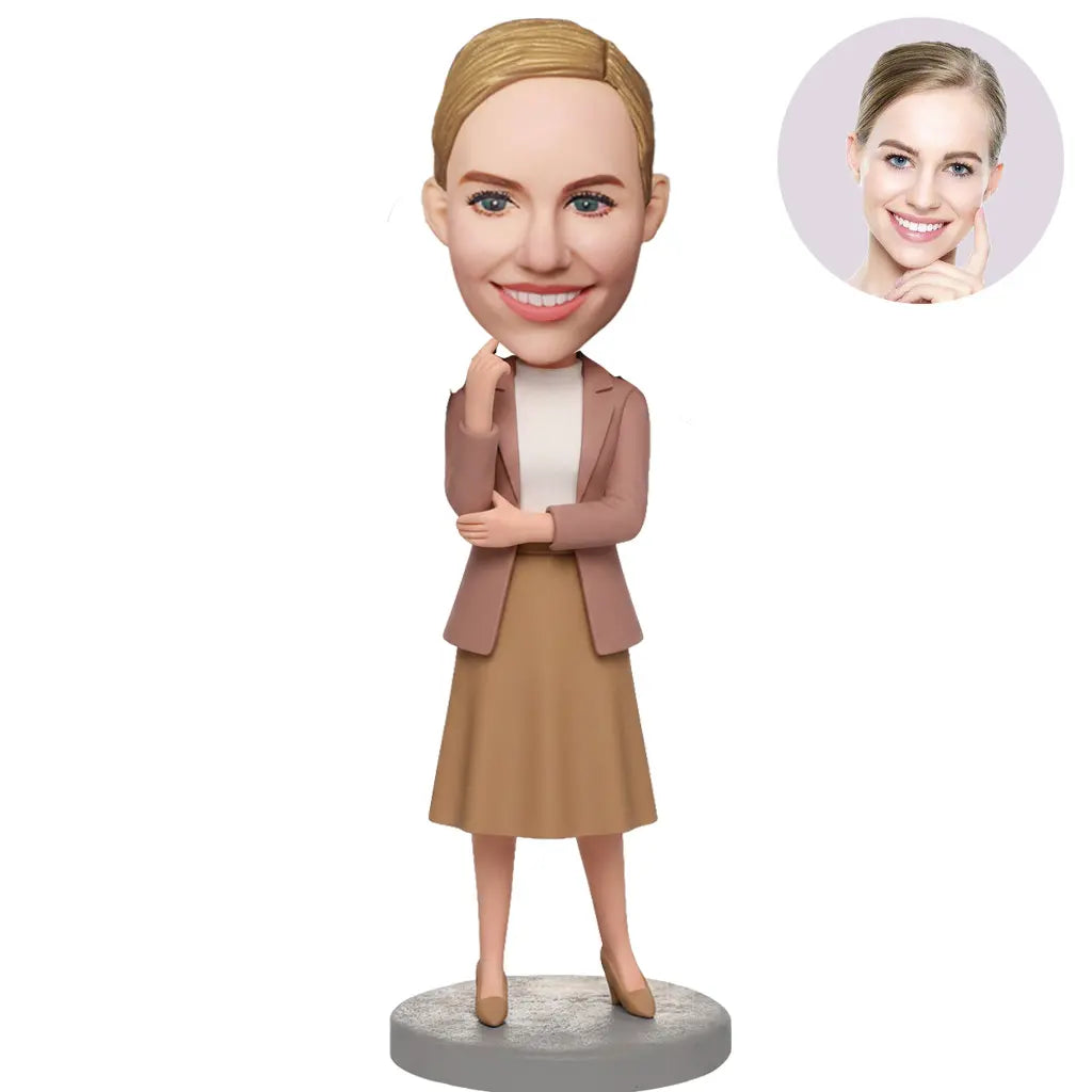 Custom Female Boss Bobblehead for Women in Dusty Pink Blazer and Khaki Skirt – Personalized Boss Day Gift for Her