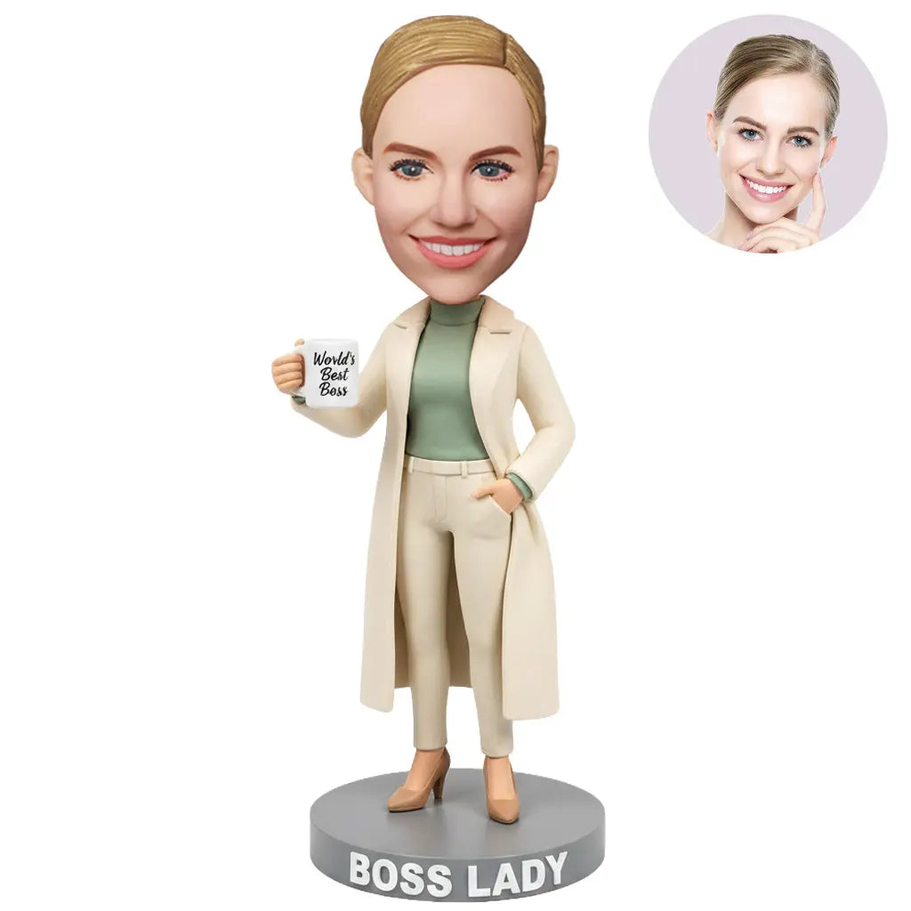 Custom Boss Lady Bobblehead for Women in Cream Trench Coat Holding World's Best Boss Mug – Personalized Boss Day Gift for Her