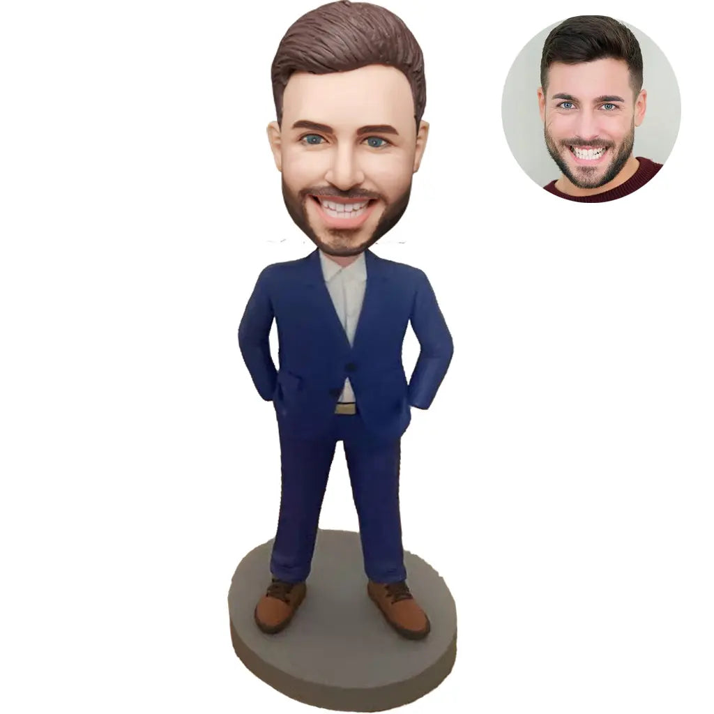 Custom bobblehead for men in navy blue suit hands in pockets – personalized male gift handcrafted from photo