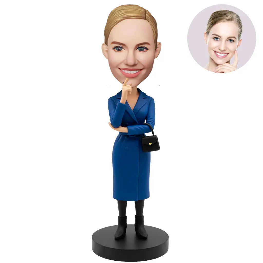 Custom Female Boss Bobblehead for Women in Royal Blue Dress with Black Handbag – Personalized Boss Day Gift for Her