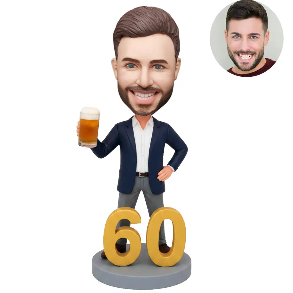 60th Birthday Man Custom Bobblehead - Navy Blazer Beer Personalized Figurine