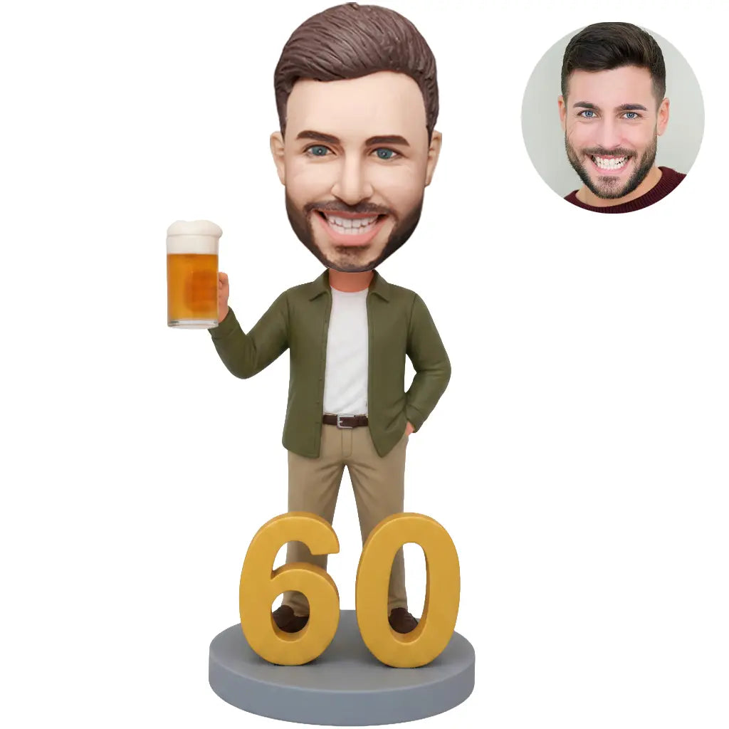 60th Birthday Man Custom Bobblehead - Olive Jacket Beer Personalized Figurine