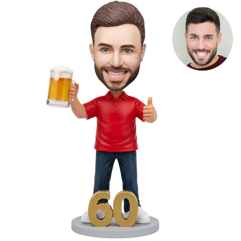 60th Birthday Man Custom Bobblehead - Red Polo Beer Thumbs Up Personalized Figurine