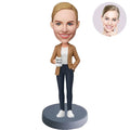 Custom No.1 Boss Bobblehead for Women in Tan Blazer Holding No.1 Boss Mug – Personalized Boss Day Gift for Her