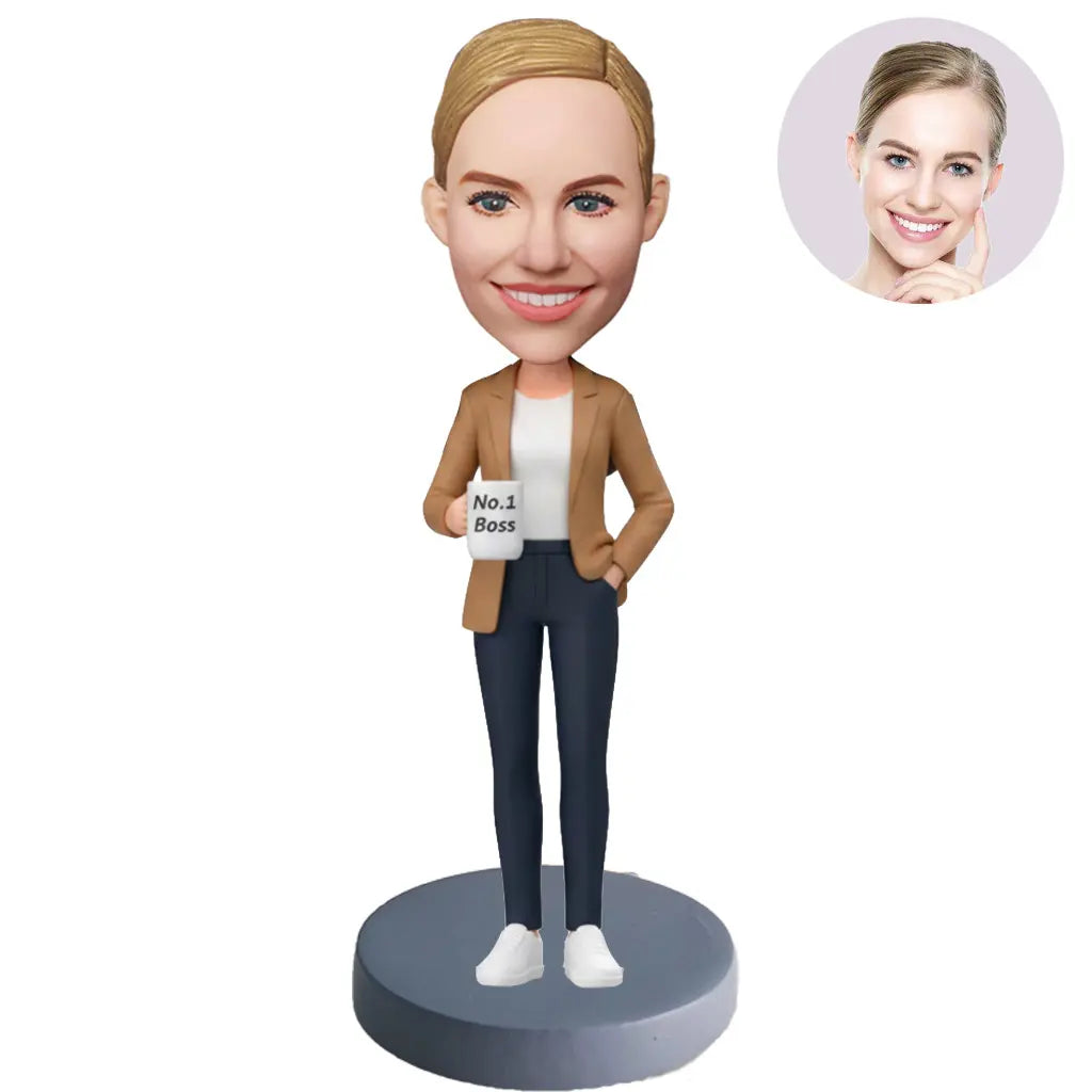 Custom No.1 Boss Bobblehead for Women in Tan Blazer Holding No.1 Boss Mug – Personalized Boss Day Gift for Her