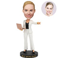 Custom Best Boss Ever Bobblehead for Women in White Suit Holding Laptop Pointing – Personalized Boss Day Gift for Her
