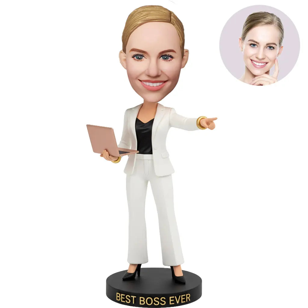 Custom Best Boss Ever Bobblehead for Women in White Suit Holding Laptop Pointing – Personalized Boss Day Gift for Her