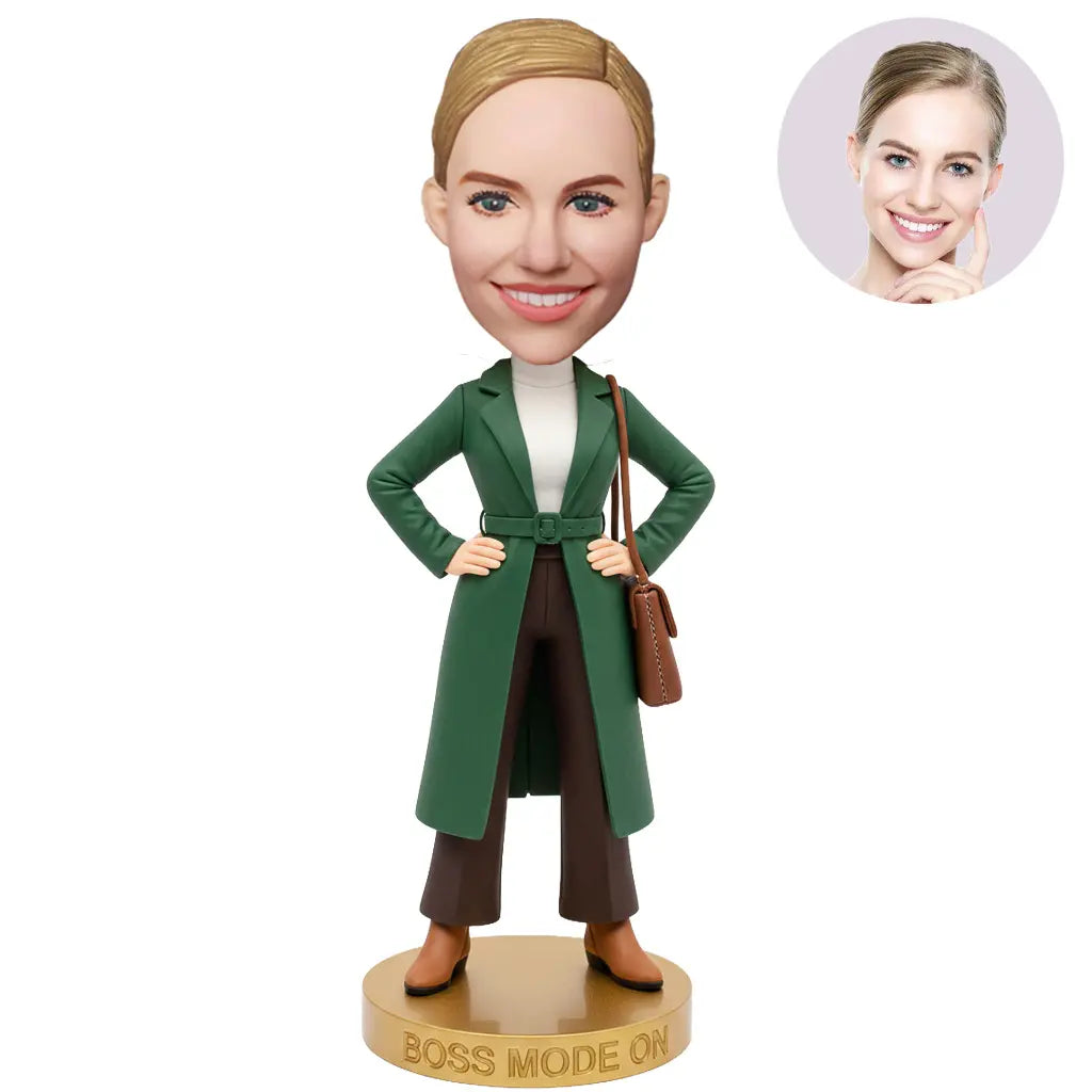 Custom Boss Mode On Bobblehead for Women in Green Trench Coat Hands on Hips – Personalized Boss Day Gift for Her