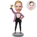 Custom Super Boss Bobblehead for Women in Lavender Blazer Holding Trophy High – Personalized Boss Day Gift for Her